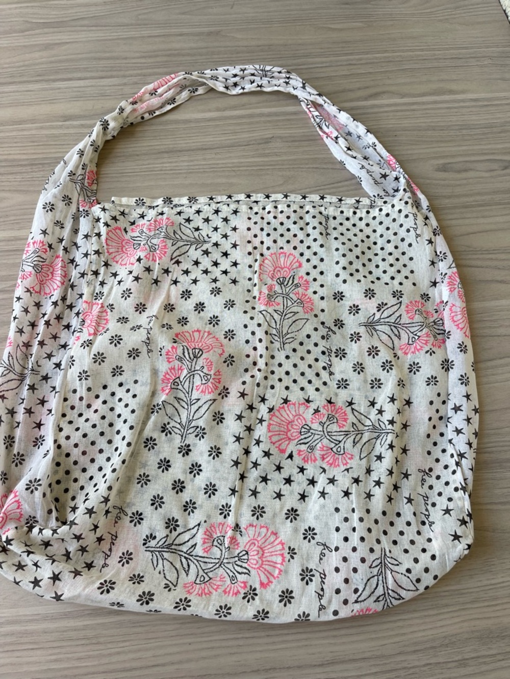 Free People White Shoulder Tote with Pink Floral and Black Dot Print